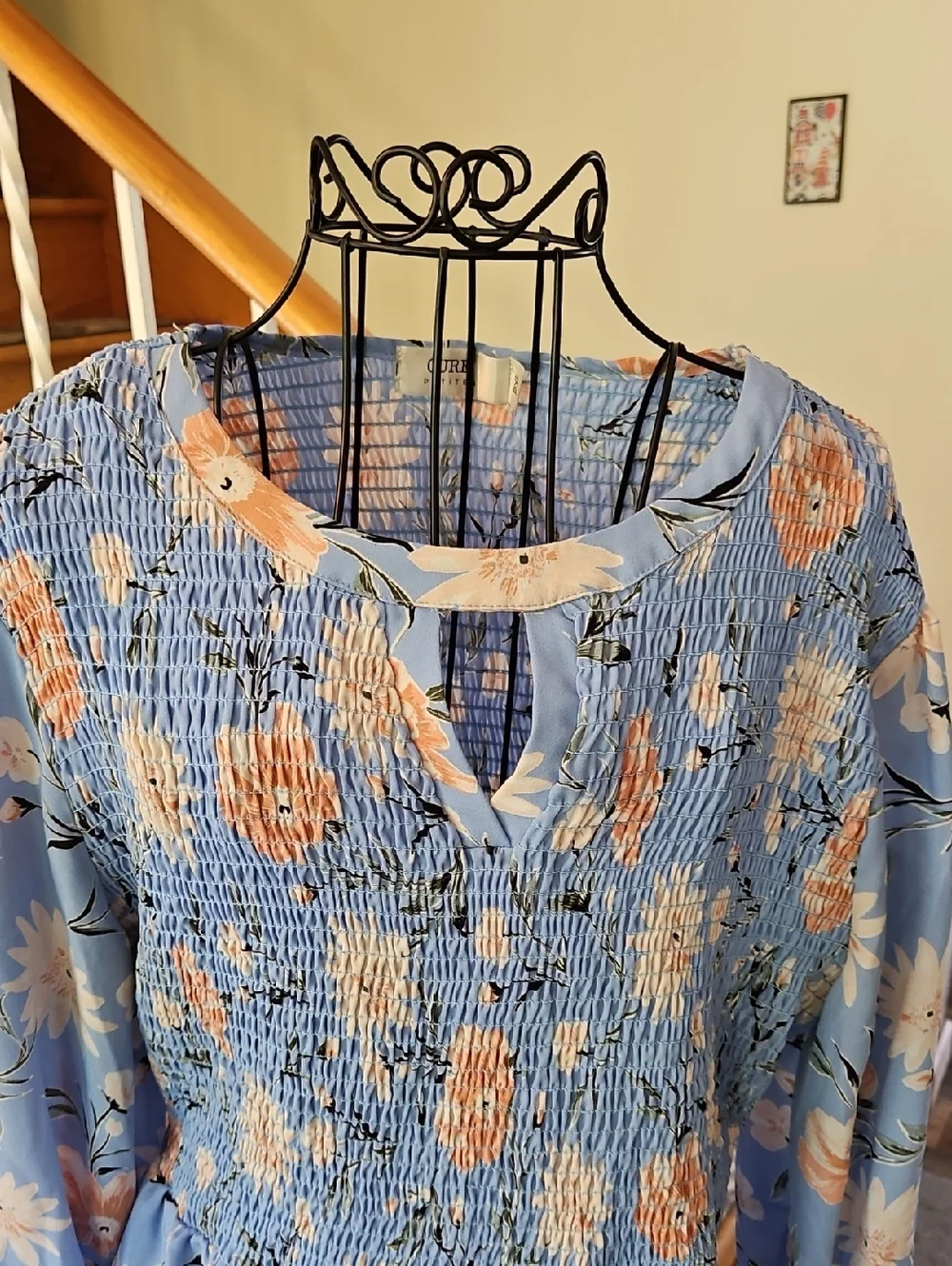 👚CURE Light Blue Floral Smocked Peasant Blouse